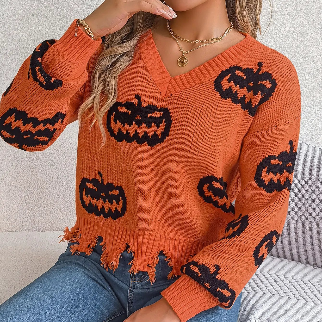 Halloween Contrast Color Pumpkin Cut Long Sleeve Sweater - AllvueCo