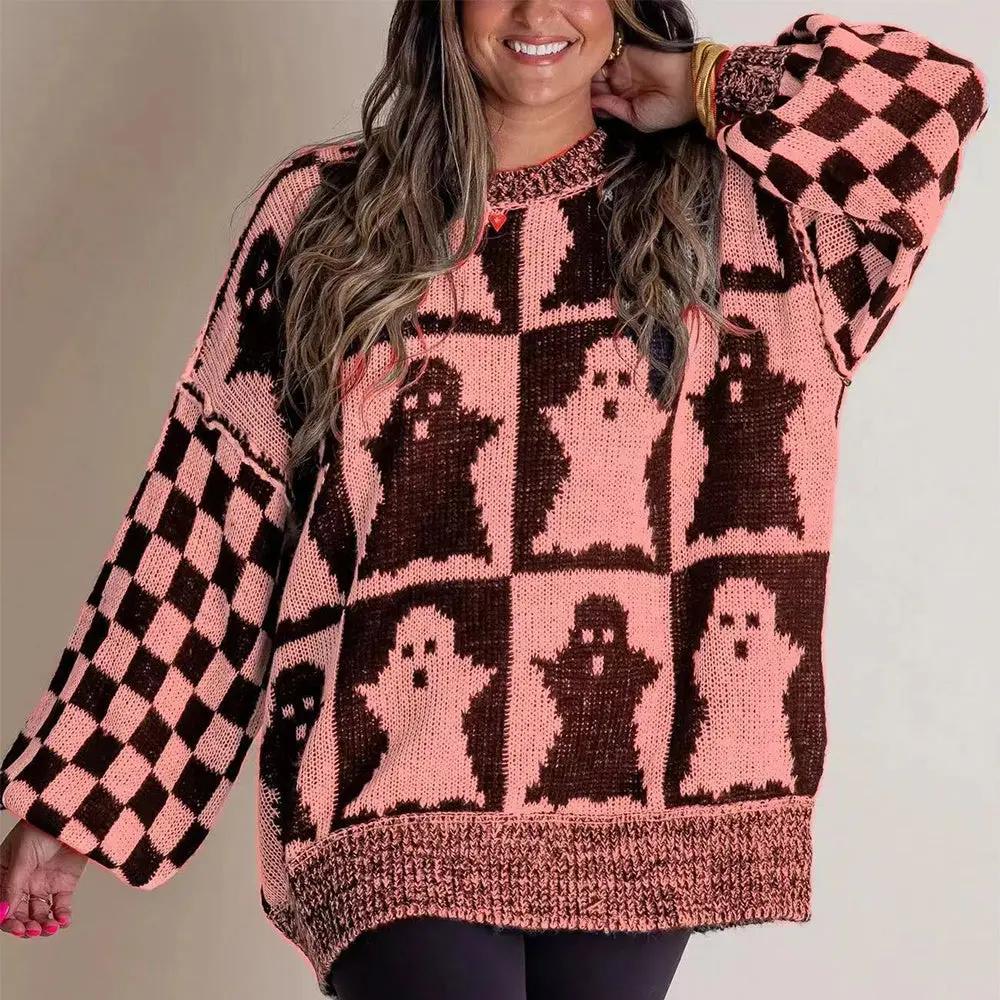 Halloween Cartoon Ghost and Checkerboard Print Pullover Sweater - AllvueCo