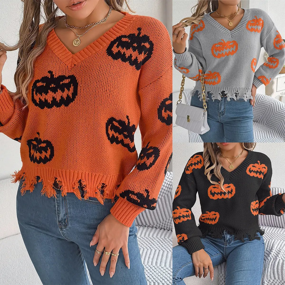 Halloween Contrast Color Pumpkin Cut Long Sleeve Sweater - AllvueCo