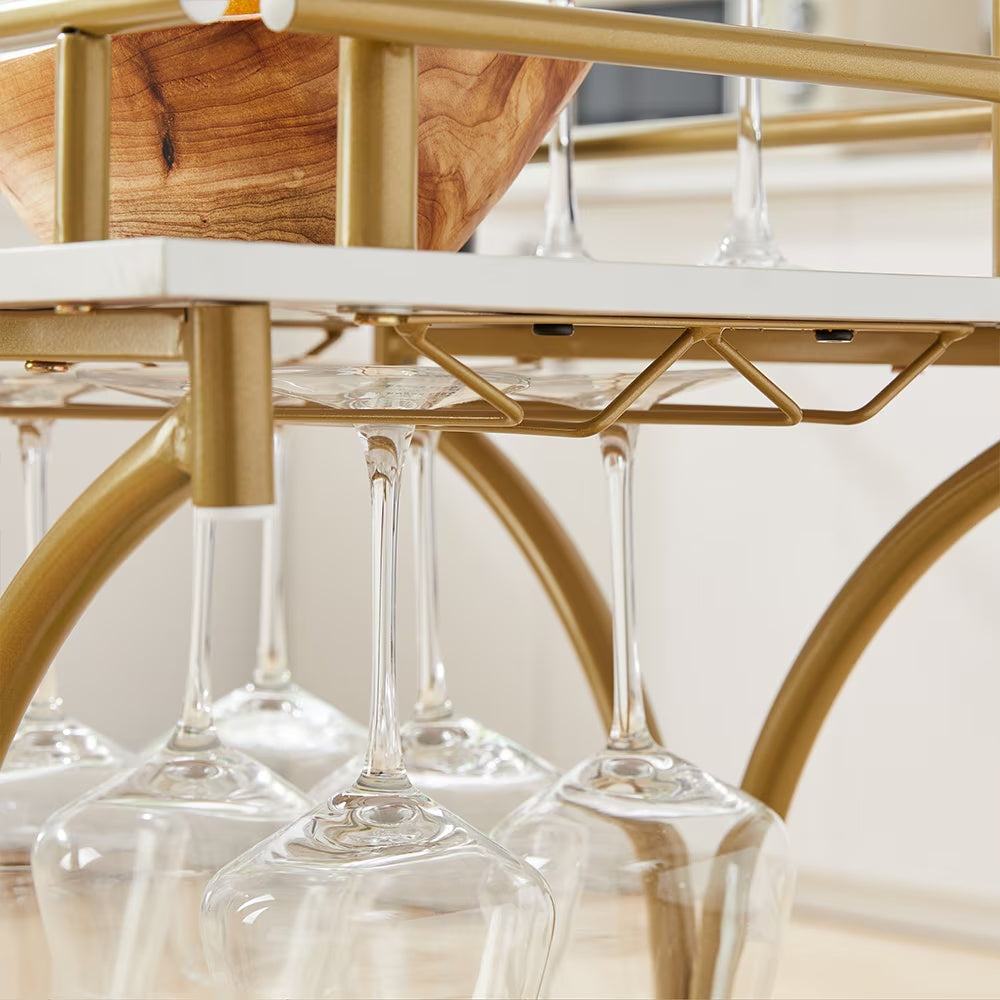 2 Tier Rolling Bar Cart – Gold & White Drink Trolley with Wine Rack and Glass Holder - AllvueCo