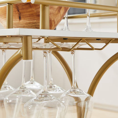 2 Tier Rolling Bar Cart – Gold & White Drink Trolley with Wine Rack and Glass Holder - AllvueCo