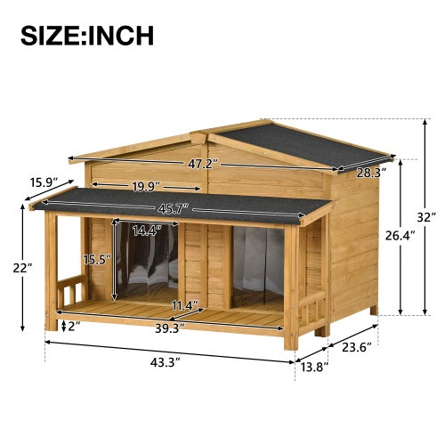 Large Wooden Dog House with Porch – Outdoor Cabin Style Shelter for Medium & Large Dogs - AllvueCo
