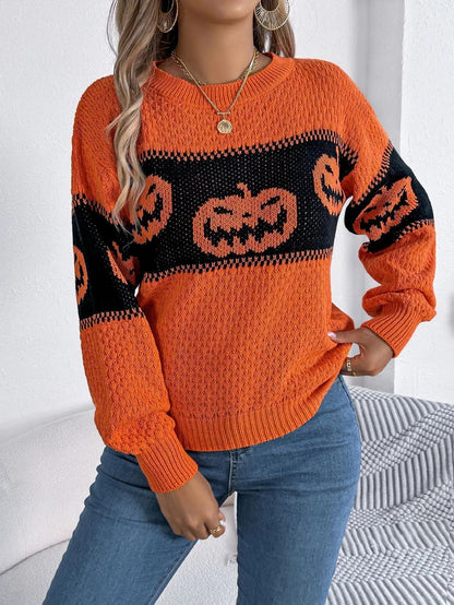 Halloween Pumpkin Pullover Sweater - Long Sleeve Knitted Top for Women - AllvueCo