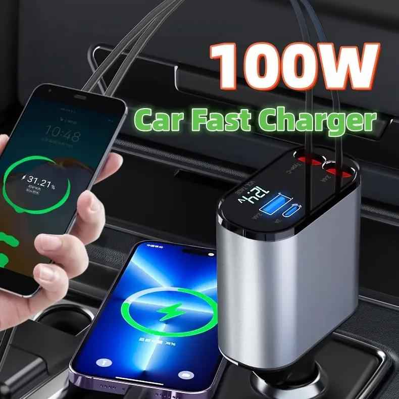 Metal Car Charger 100W Fast Charging Car Charger USB and Type-C Adapter