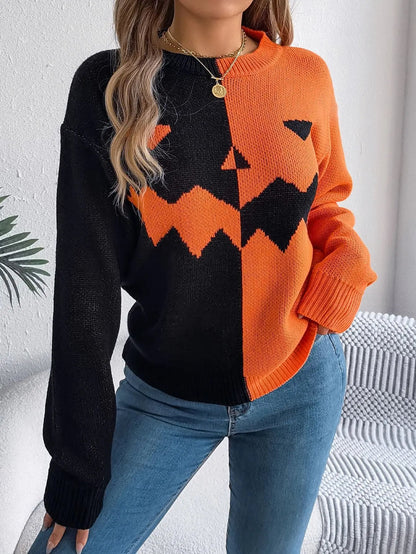 Halloween Contrast-color Pullover Sweater for Women - Long Sleeve Knitted Top - AllvueCo