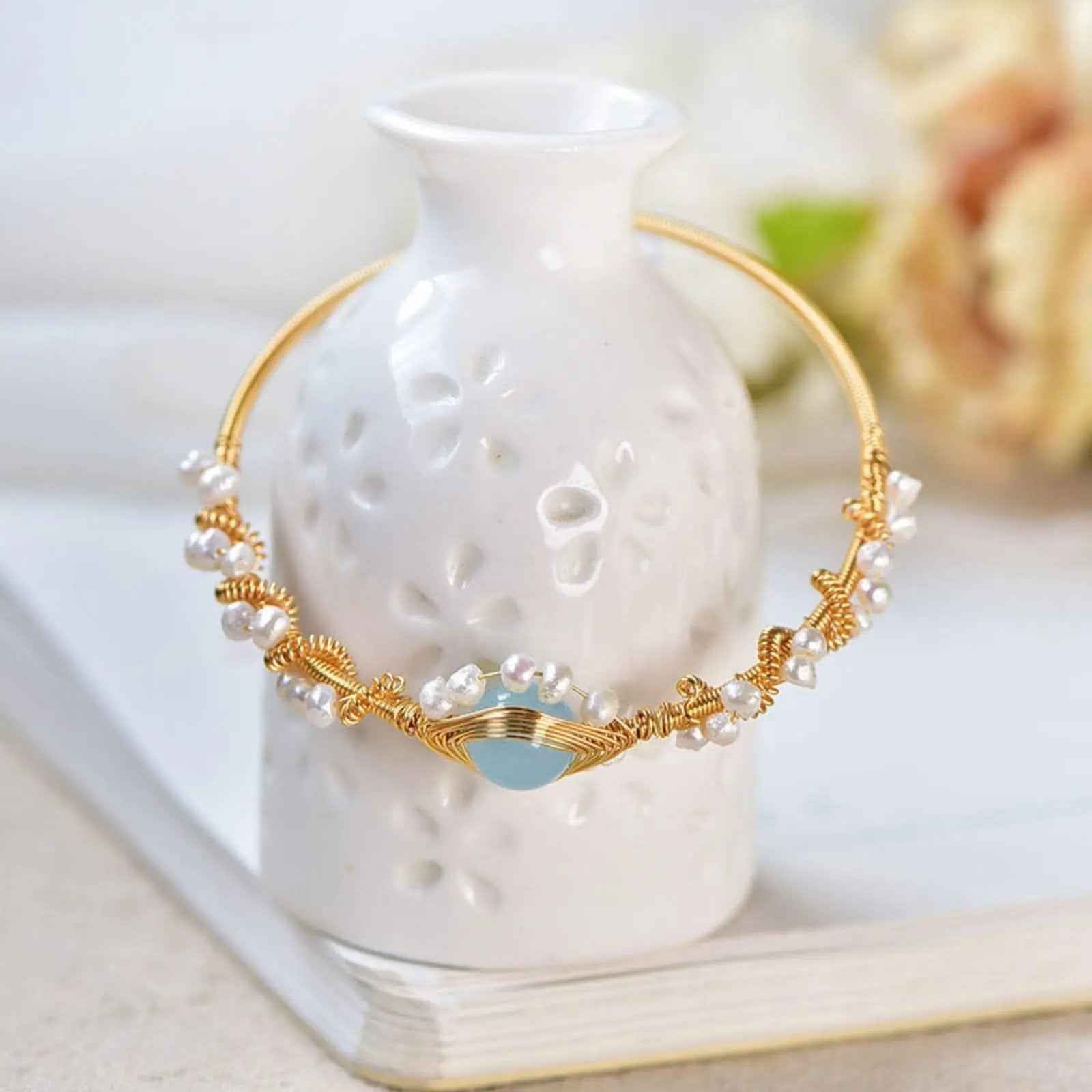 Pearl Bracelets for Women - Vintage Gold Plated Cuff Bracelet
