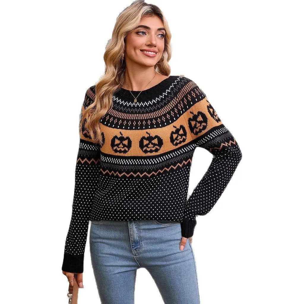 Women's Halloween Pumpkin Embroidered Retro Long-sleeved Sweater - AllvueCo