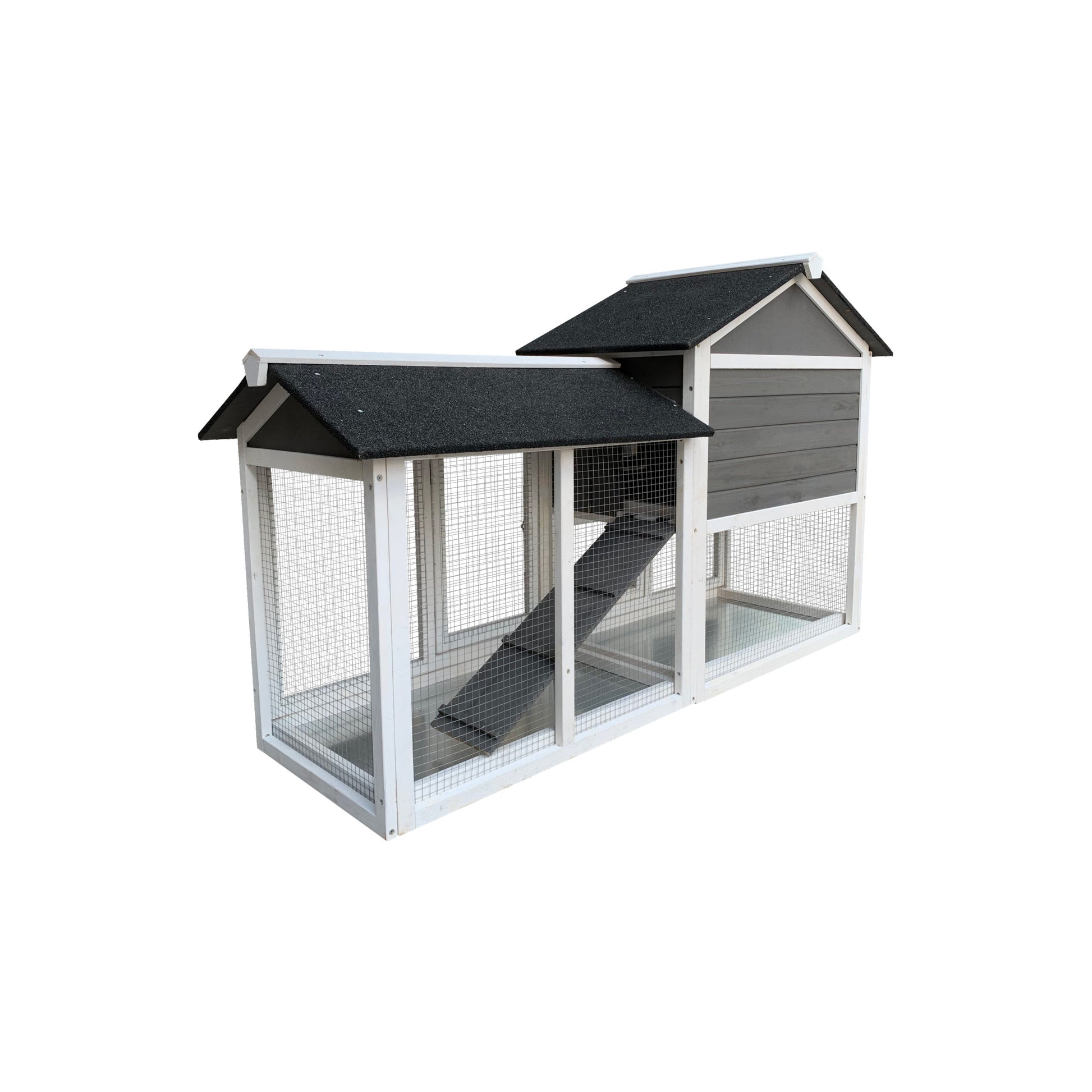 58” Wooden Rabbit Hutch with Run – Gray Two-Level Outdoor Bunny Cage with Ramp, Asphalt Roof & Removable Tray - AllvueCo