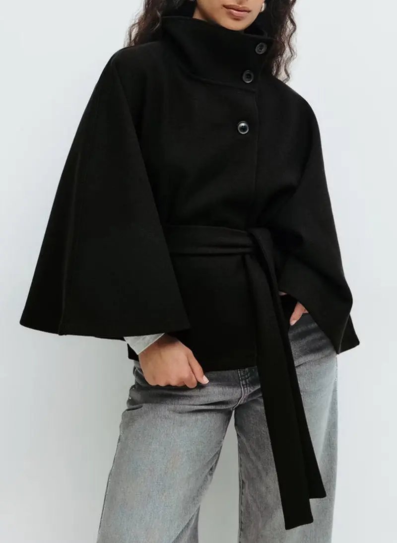 Winter High Neck Batwing Sleeve Coat with Belt for Women - AllvueCo