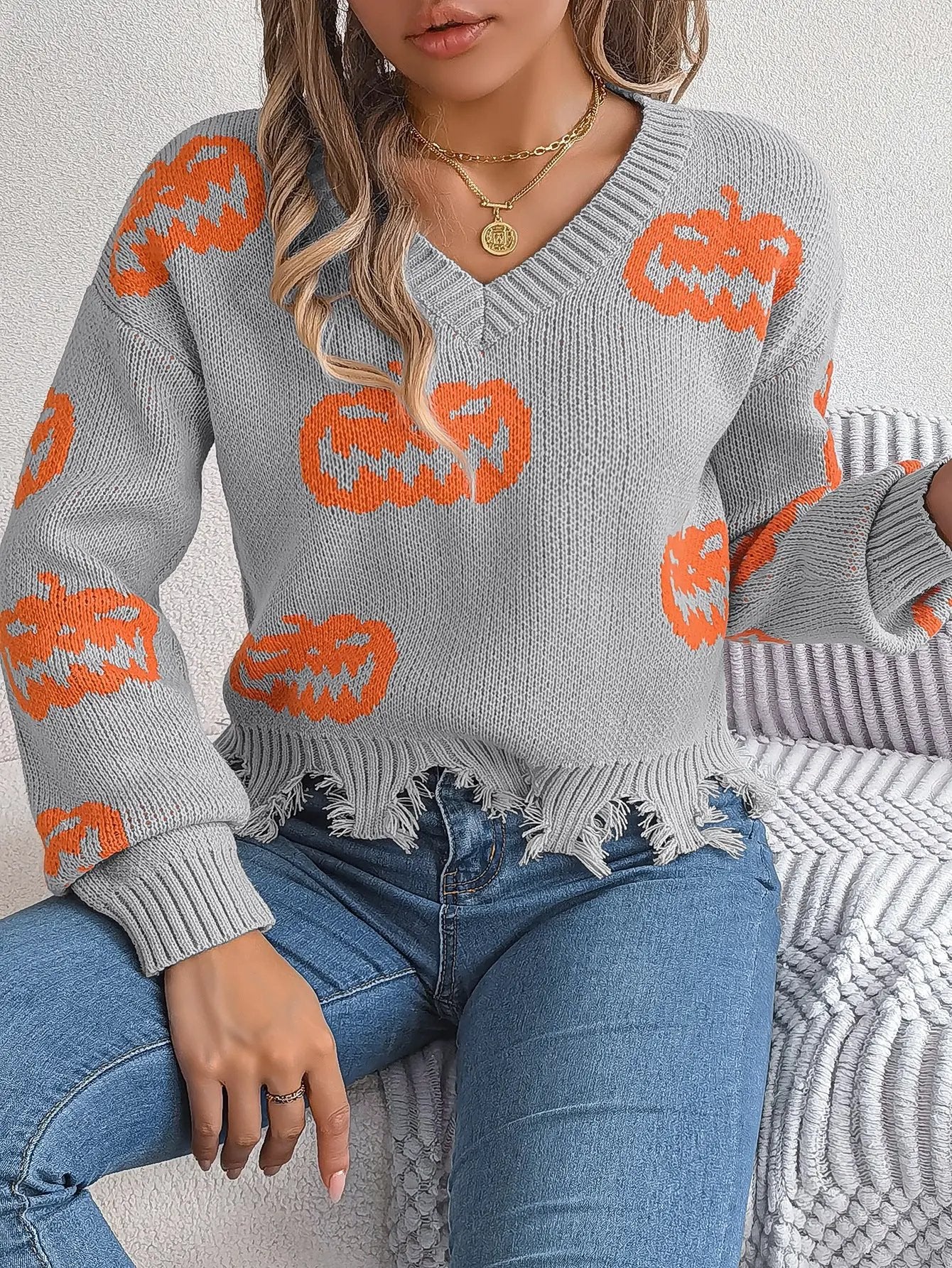 Halloween Contrast Color Pumpkin Cut Long Sleeve Sweater - AllvueCo