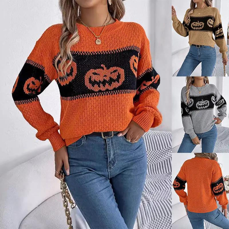 Halloween Pumpkin Pullover Sweater - Long Sleeve Knitted Top for Women - AllvueCo