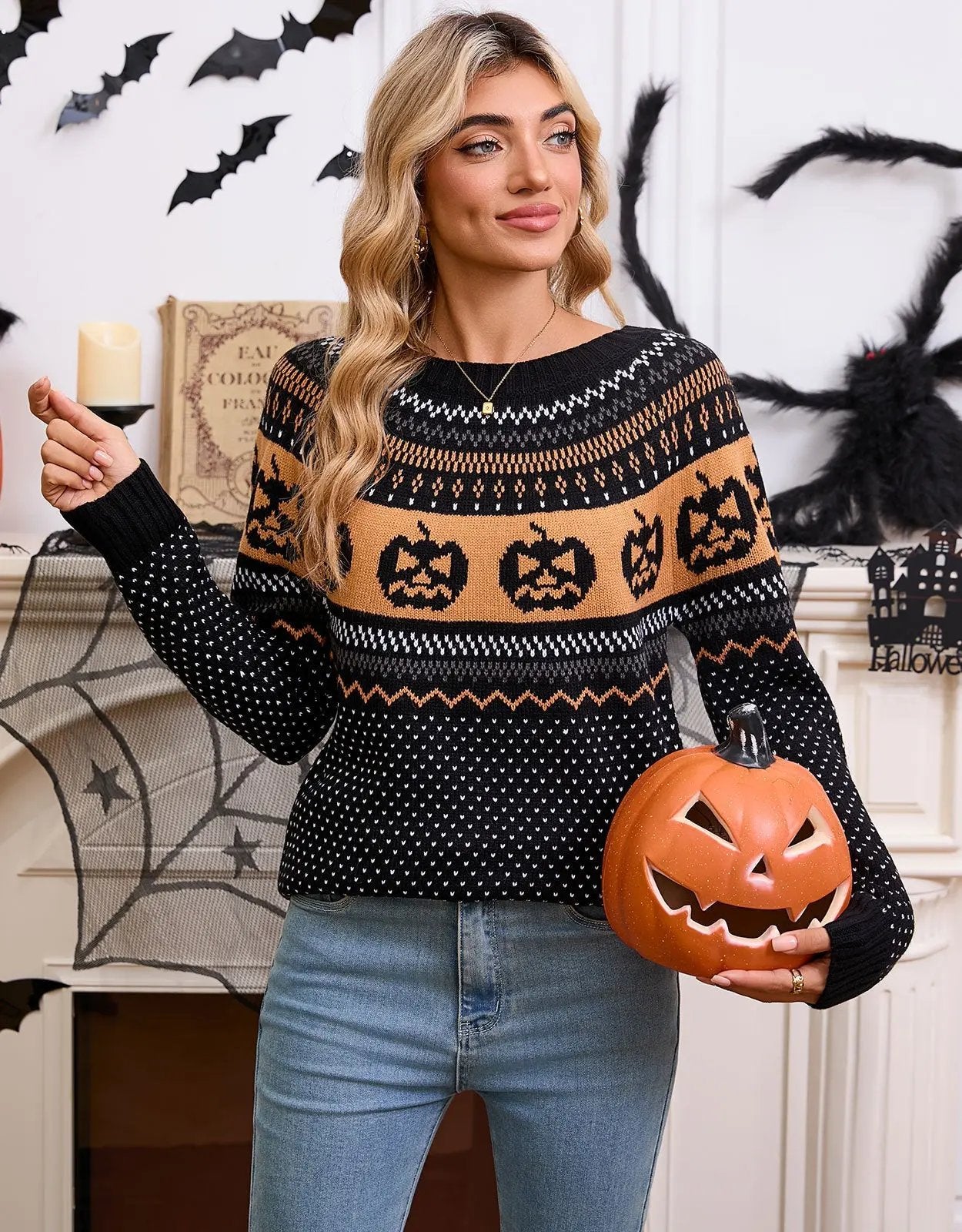 Women's Halloween Pumpkin Embroidered Retro Long-sleeved Sweater - AllvueCo