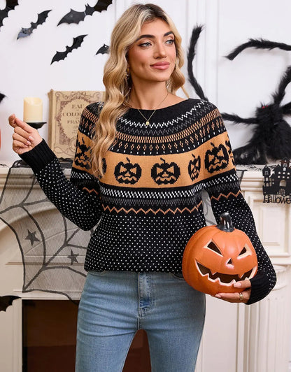 Women's Halloween Pumpkin Embroidered Retro Long-sleeved Sweater - AllvueCo