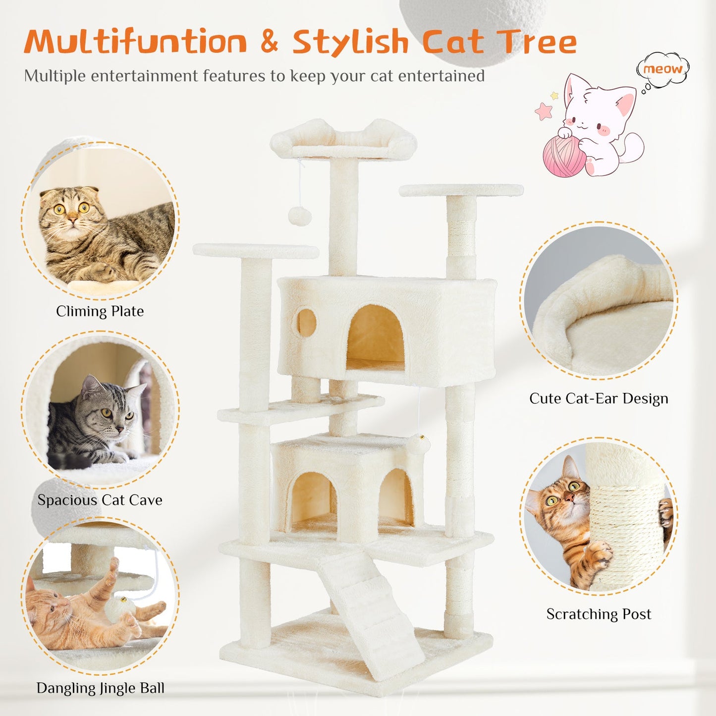 Multi-Level Cat Treehouse & Climbing Frame – Indoor Cat Tower with Scratching Posts, Hammocks & Hideouts - AllvueCo