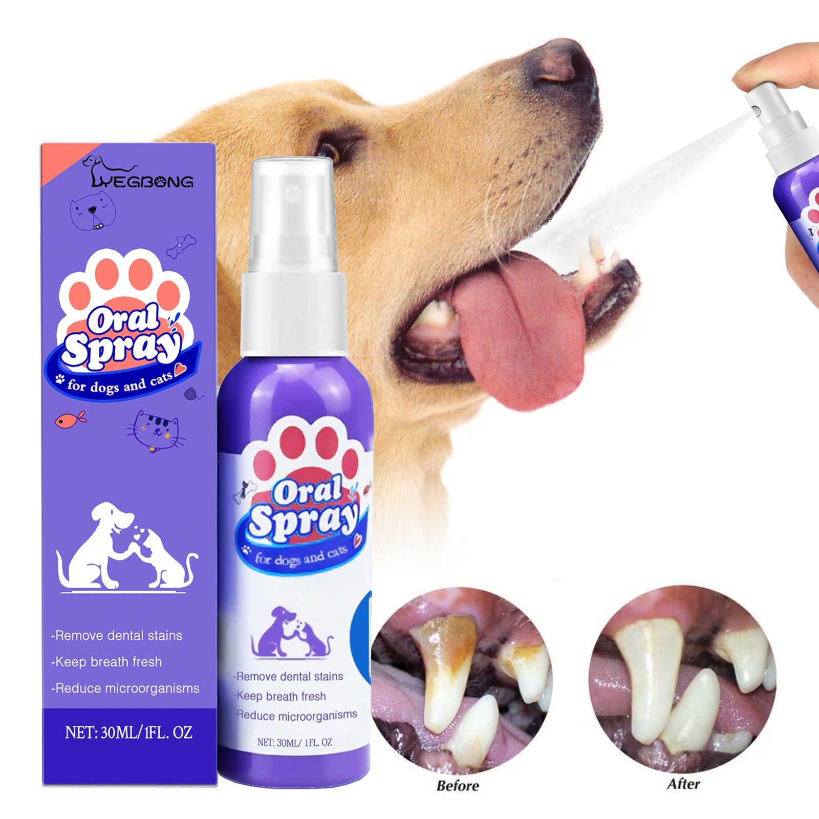 Pet Teeth Cleaning Spray for Cats & Dogs – Fresh Breath, Plaque & Tartar Remover with Easy No-Brush Application - AllvueCo