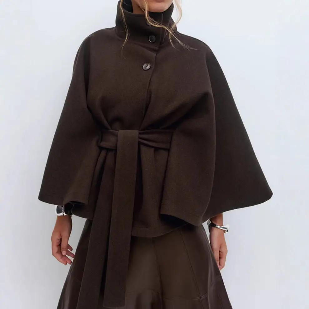 Winter High Neck Batwing Sleeve Coat with Belt for Women - AllvueCo