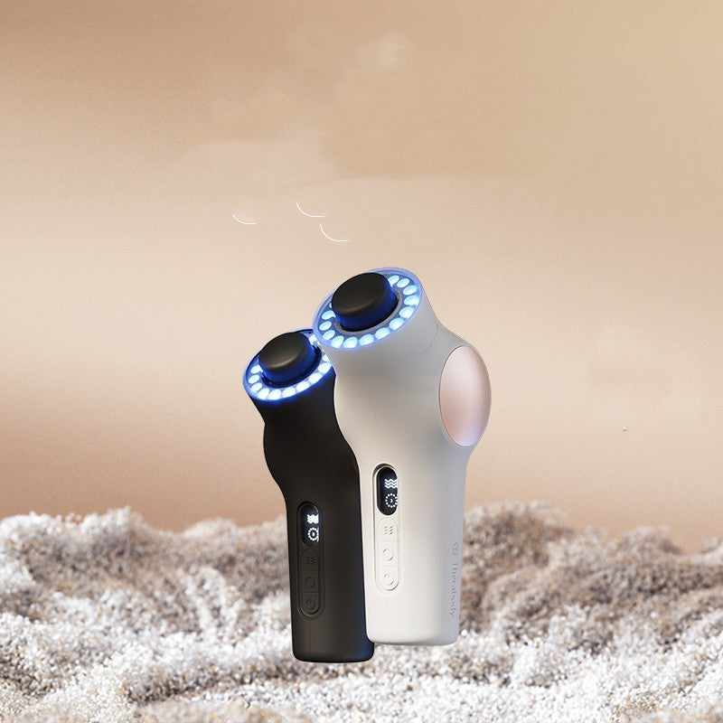 Two hair removal devices, one black and one white, on a textured surface with a beige background.