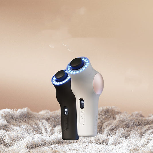 Two hair removal devices, one black and one white, on a textured surface with a beige background.