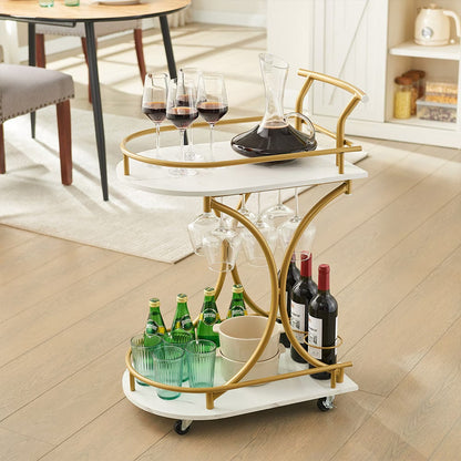 2 Tier Rolling Bar Cart – Gold & White Drink Trolley with Wine Rack and Glass Holder - AllvueCo