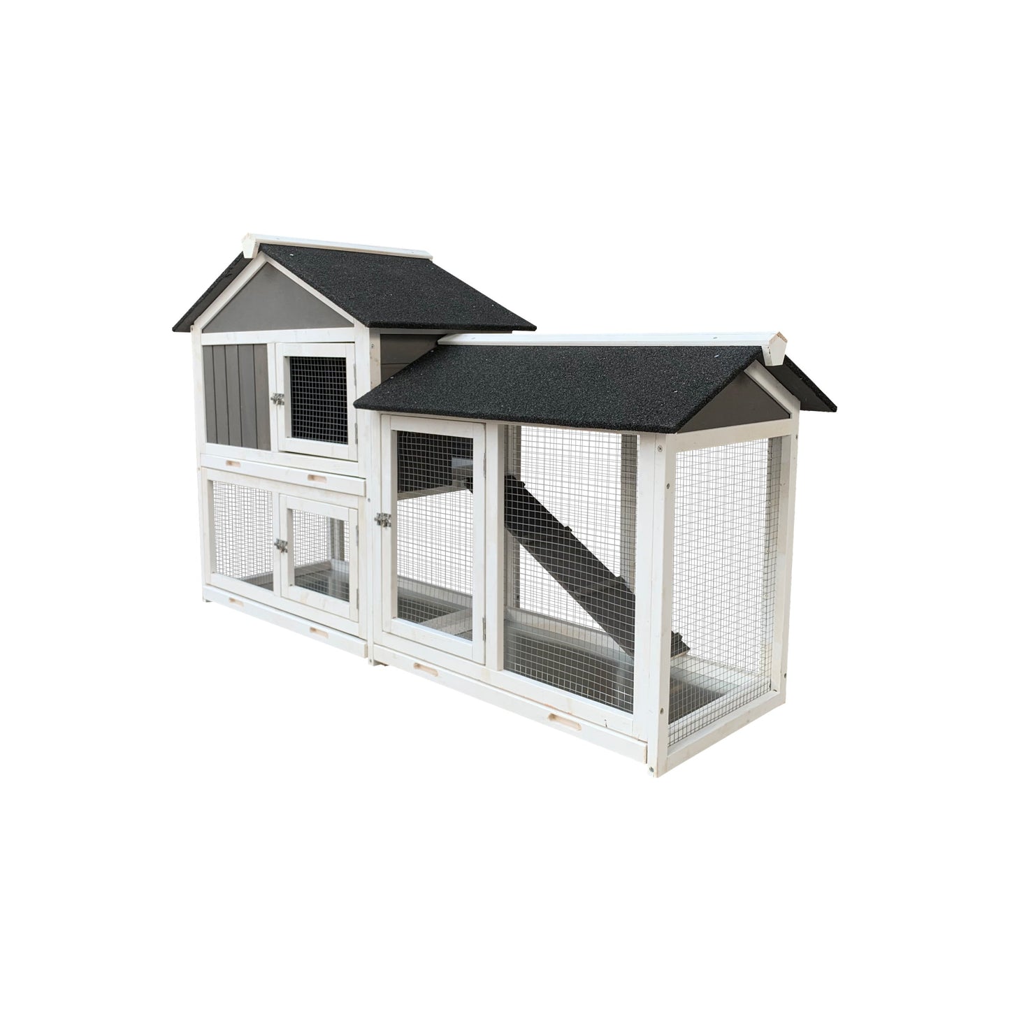 58” Wooden Rabbit Hutch with Run – Gray Two-Level Outdoor Bunny Cage with Ramp, Asphalt Roof & Removable Tray - AllvueCo