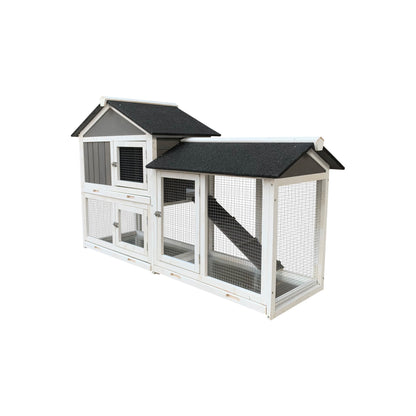 58” Wooden Rabbit Hutch with Run – Gray Two-Level Outdoor Bunny Cage with Ramp, Asphalt Roof & Removable Tray - AllvueCo