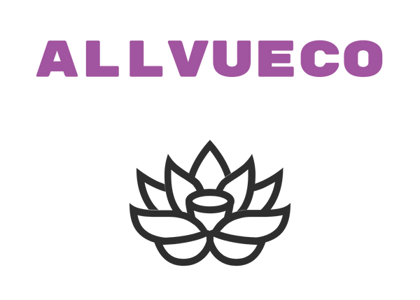 Logo of ALLVUECO with a black lotus flower design on a white background