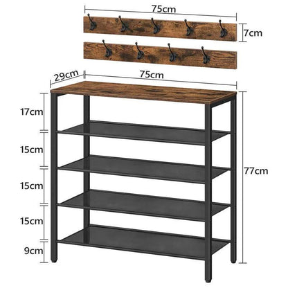 4-Tier Wooden Shoe Rack with Grid Rack and Coat Hook - AllvueCo