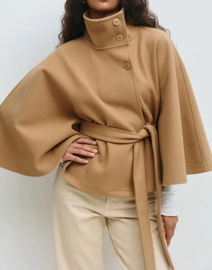 Winter High Neck Batwing Sleeve Coat with Belt for Women - AllvueCo