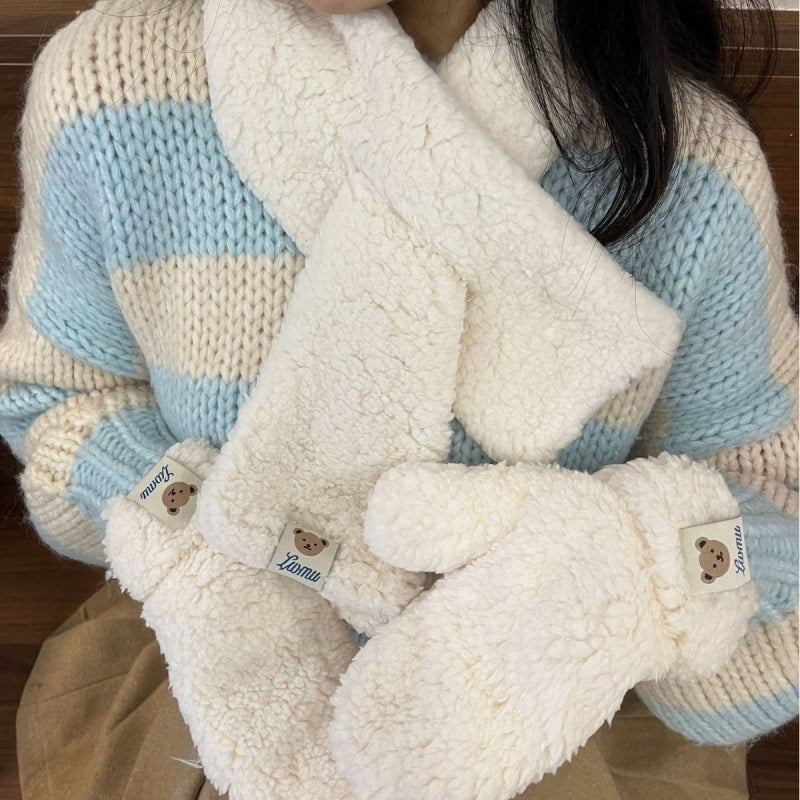Cartoon Bear Plush Gloves & Scarf Set – Thickened Winter Warm & Cute Design AllvueCo