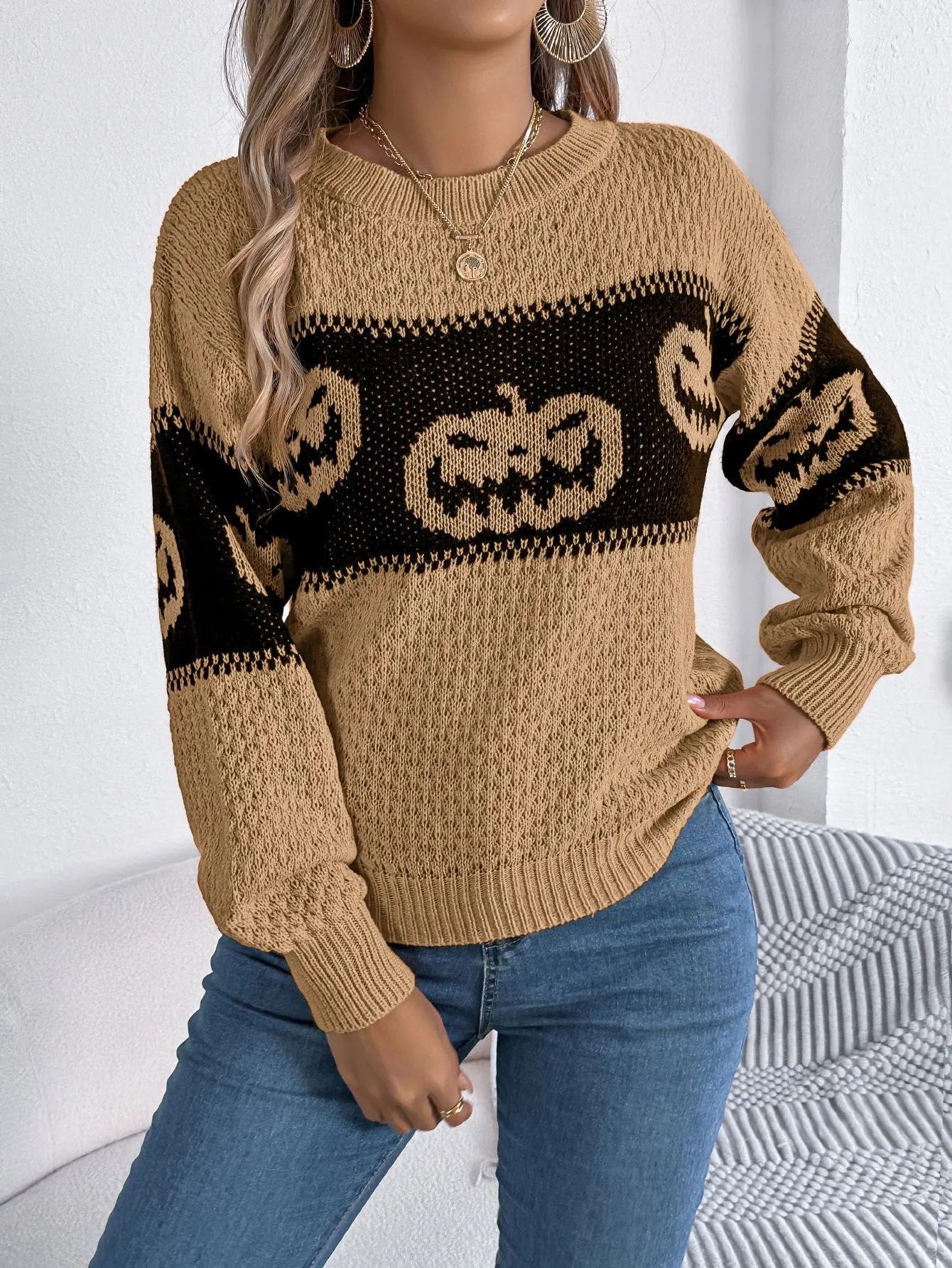 Halloween Pumpkin Pullover Sweater - Long Sleeve Knitted Top for Women - AllvueCo