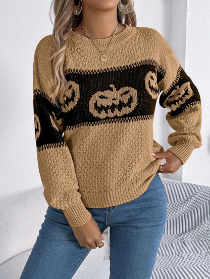 Halloween Pumpkin Pullover Sweater - Long Sleeve Knitted Top for Women - AllvueCo