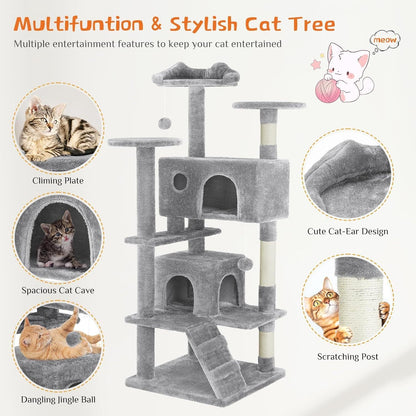 54" Cat Tree Tower – Multi-Level Cat Condo with Sisal Scratch Posts for Indoor Cats - AllvueCo