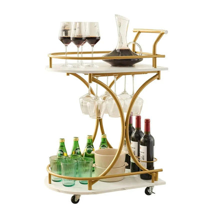 2 Tier Rolling Bar Cart – Gold & White Drink Trolley with Wine Rack and Glass Holder - AllvueCo