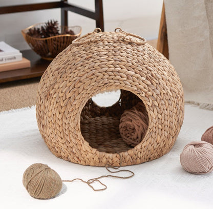 Natural Rattan Circular Cat Bed - Handwoven Water Hyacinth Cat Cave - AllvueCo