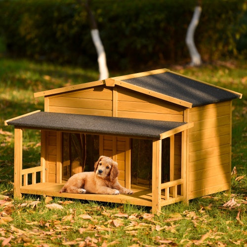 Large Wooden Dog House with Porch – Outdoor Cabin Style Shelter for Medium & Large Dogs - AllvueCo