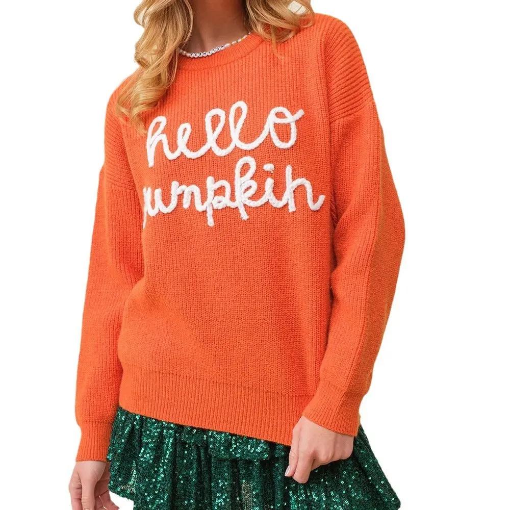 Women's Halloween Contrast Color Embroidery Crew Neck Sweater - AllvueCo