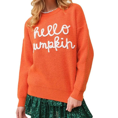 Women's Halloween Contrast Color Embroidery Crew Neck Sweater - AllvueCo