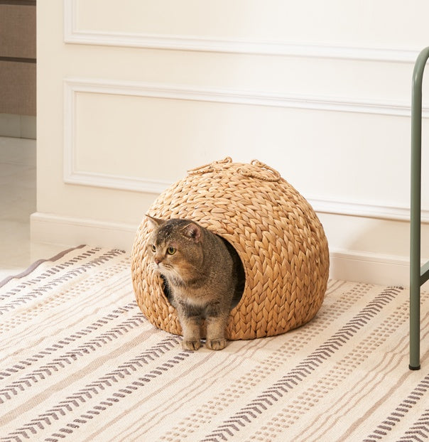 Natural Rattan Circular Cat Bed - Handwoven Water Hyacinth Cat Cave - AllvueCo