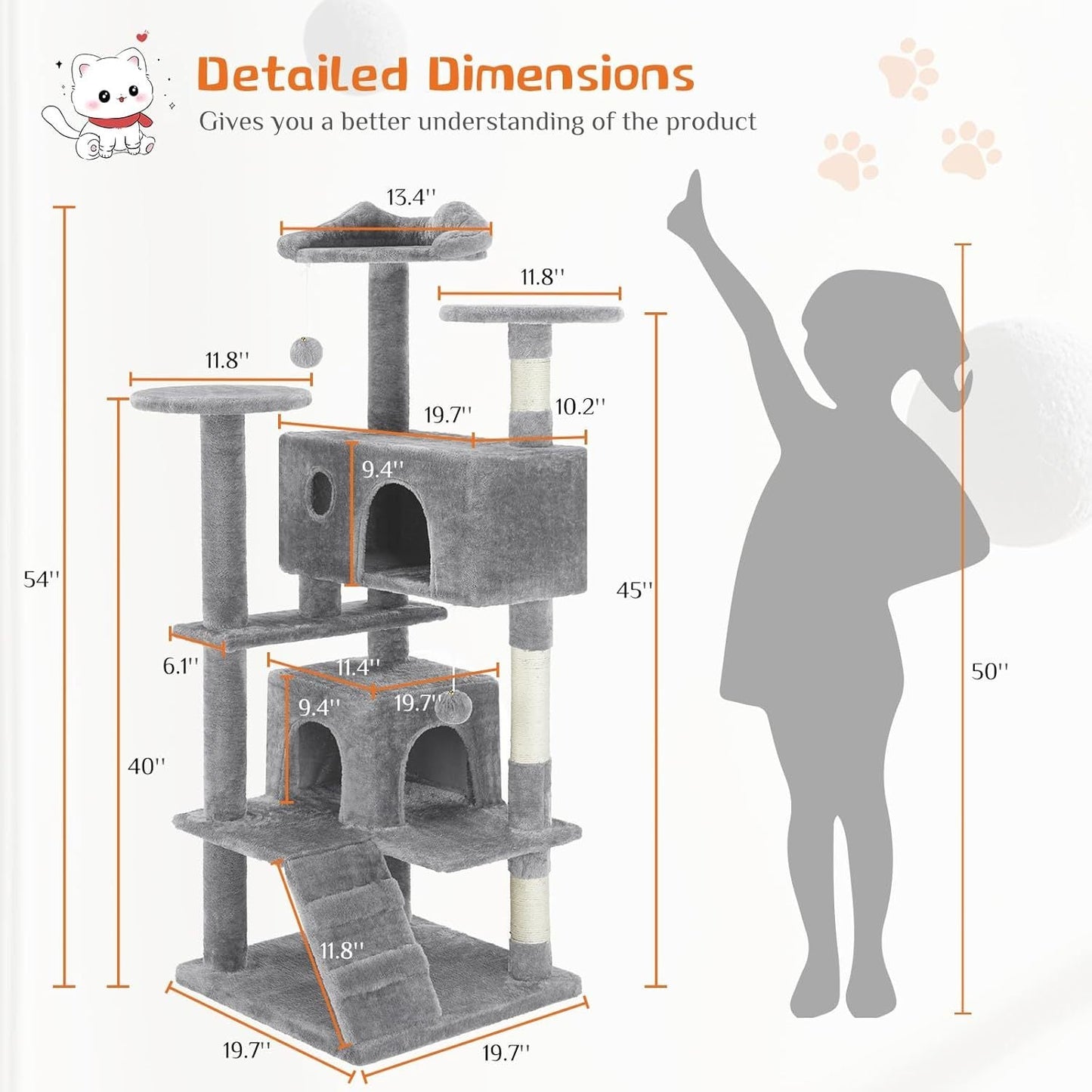 54" Cat Tree Tower – Multi-Level Cat Condo with Sisal Scratch Posts for Indoor Cats - AllvueCo