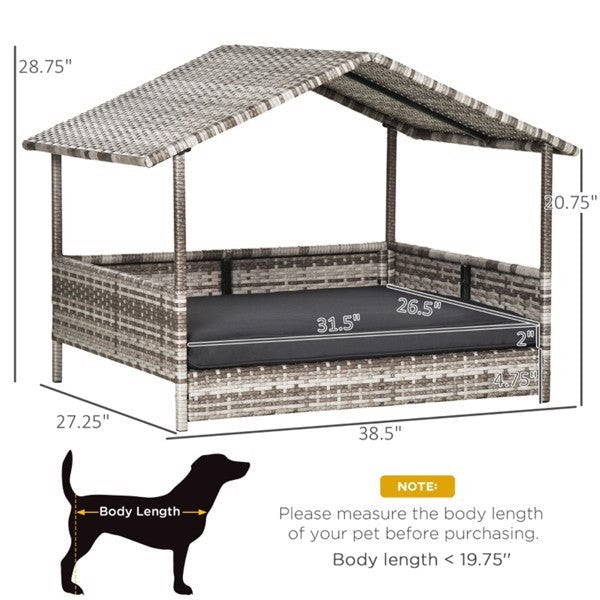 Elevated Outdoor Pet Cabana – Rattan Dog House with Cushion & Weather Protection (Charcoal Gray) - AllvueCo