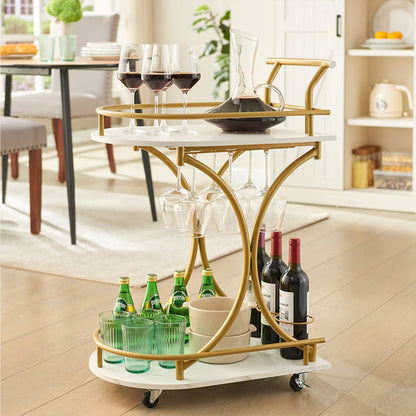 2 Tier Rolling Bar Cart – Gold & White Drink Trolley with Wine Rack and Glass Holder - AllvueCo