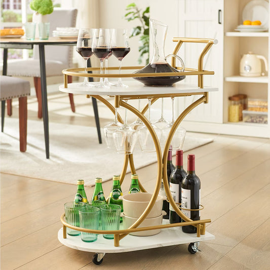 2 Tier Rolling Bar Cart – Gold & White Drink Trolley with Wine Rack and Glass Holder - AllvueCo