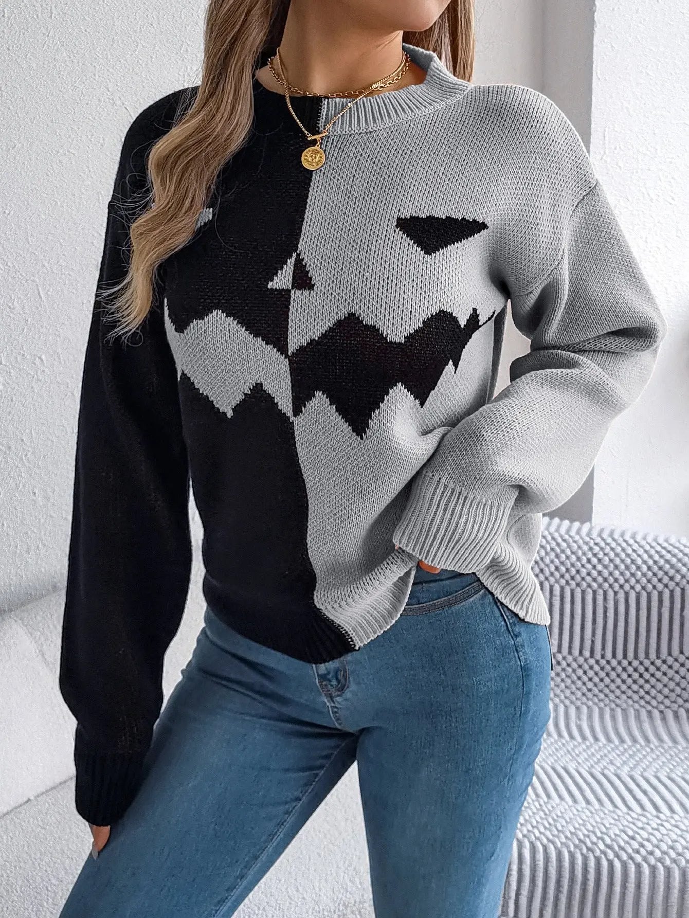 Halloween Contrast-color Pullover Sweater for Women - Long Sleeve Knitted Top - AllvueCo