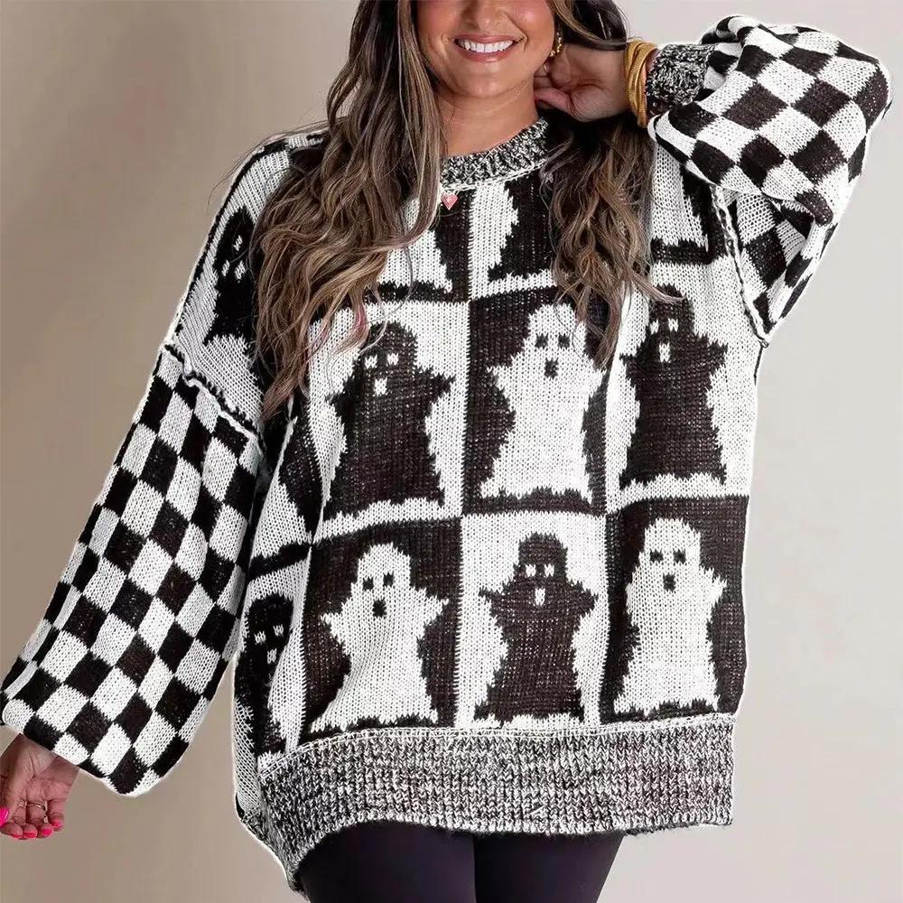 Halloween Cartoon Ghost and Checkerboard Print Pullover Sweater - AllvueCo