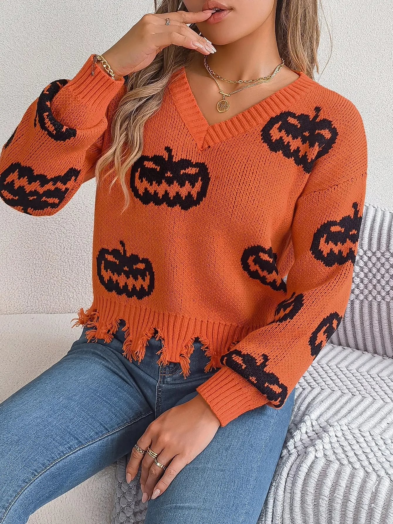 Halloween Contrast Color Pumpkin Cut Long Sleeve Sweater - AllvueCo