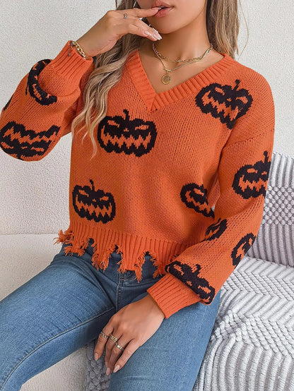 Halloween Contrast Color Pumpkin Cut Long Sleeve Sweater - AllvueCo