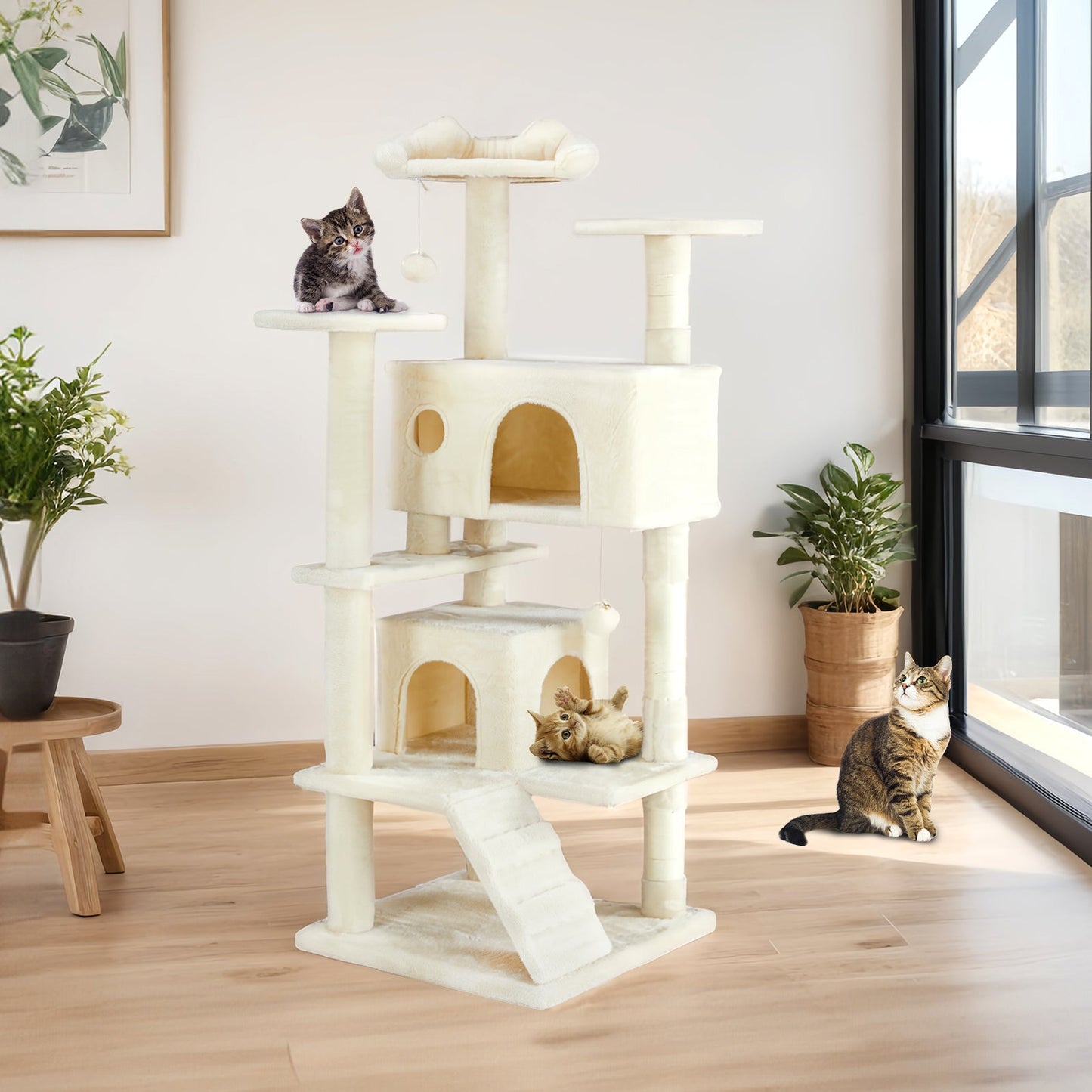 Multi-Level Cat Treehouse & Climbing Frame – Indoor Cat Tower with Scratching Posts, Hammocks & Hideouts - AllvueCo