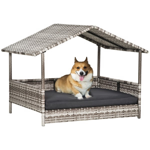 Elevated Outdoor Pet Cabana – Rattan Dog House with Cushion & Weather Protection (Charcoal Gray) - AllvueCo