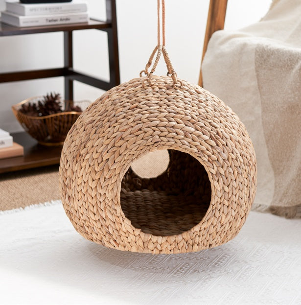 Natural Rattan Circular Cat Bed - Handwoven Water Hyacinth Cat Cave - AllvueCo