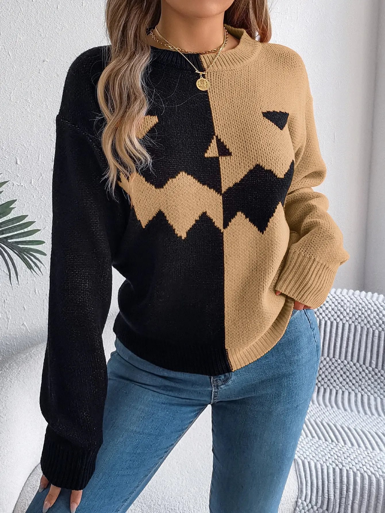 Halloween Contrast-color Pullover Sweater for Women - Long Sleeve Knitted Top - AllvueCo